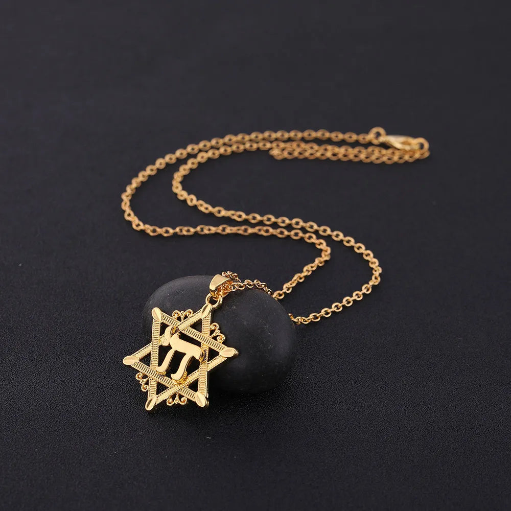 LIKGREAT Chai Amulet David Star Men Pendant Necklace Gold Color Kabbalah Jewish Charms Religious Symbols Supernatural Jewelry