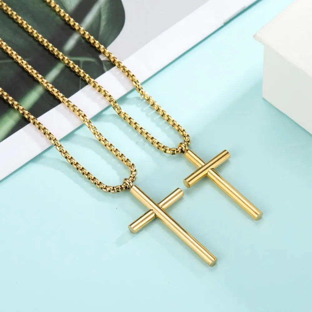 Skyrim Fashion Cross Necklace for Men Christian Stainless Steel Gold Color Box Chain Necklaces Fashion Jewelry 2023 Wholesale