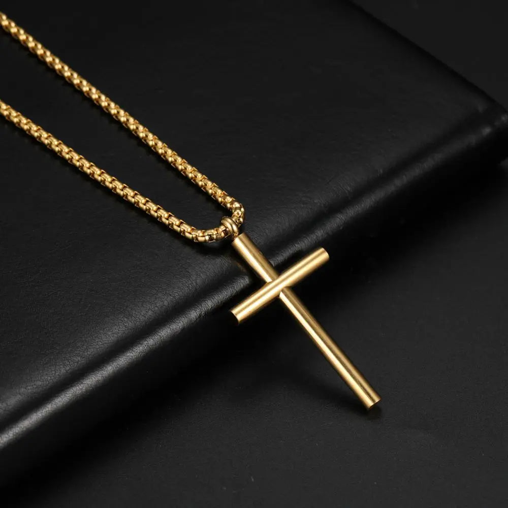 Skyrim Fashion Cross Necklace for Men Christian Stainless Steel Gold Color Box Chain Necklaces Fashion Jewelry 2023 Wholesale