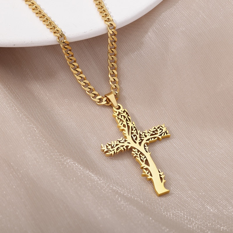 Stainless Steel Tree Cross Necklaces For Women Men Gold Color Cuban Chain Pendant Necklace Male Female Jewelry Birthday Gift