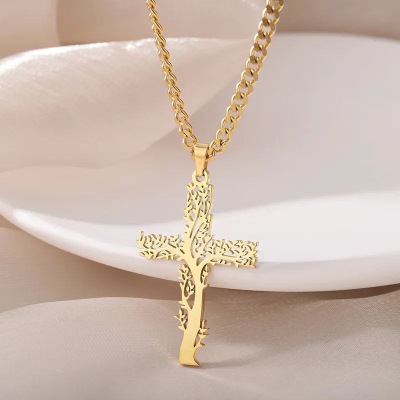 Stainless Steel Tree Cross Necklaces For Women Men Gold Color Cuban Chain Pendant Necklace Male Female Jewelry Birthday Gift