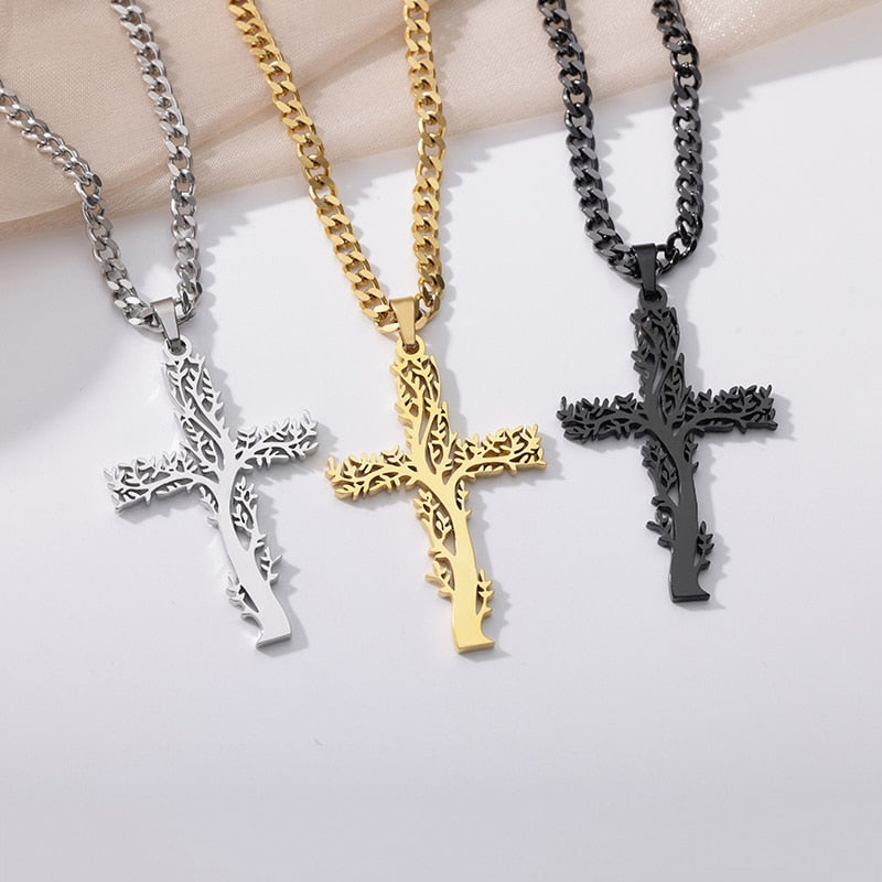 Stainless Steel Tree Cross Necklaces For Women Men Gold Color Cuban Chain Pendant Necklace Male Female Jewelry Birthday Gift