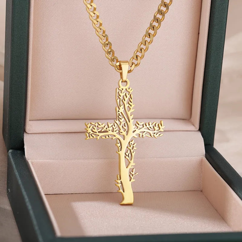 Stainless Steel Tree Cross Necklaces For Women Men Gold Color Cuban Chain Pendant Necklace Male Female Jewelry Birthday Gift